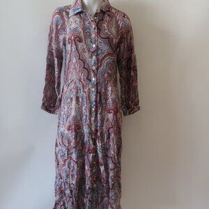 Long Paisley Button-Front Maxi Dress in Burgundy & Blue